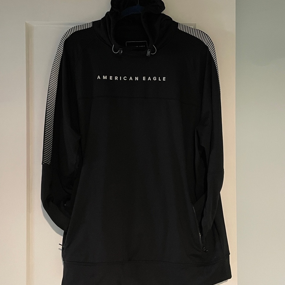 American Eagle Size XL Black Hoodie Warm Poly/Elastane Gray Accents on Sleeves - Picture 2 of 9